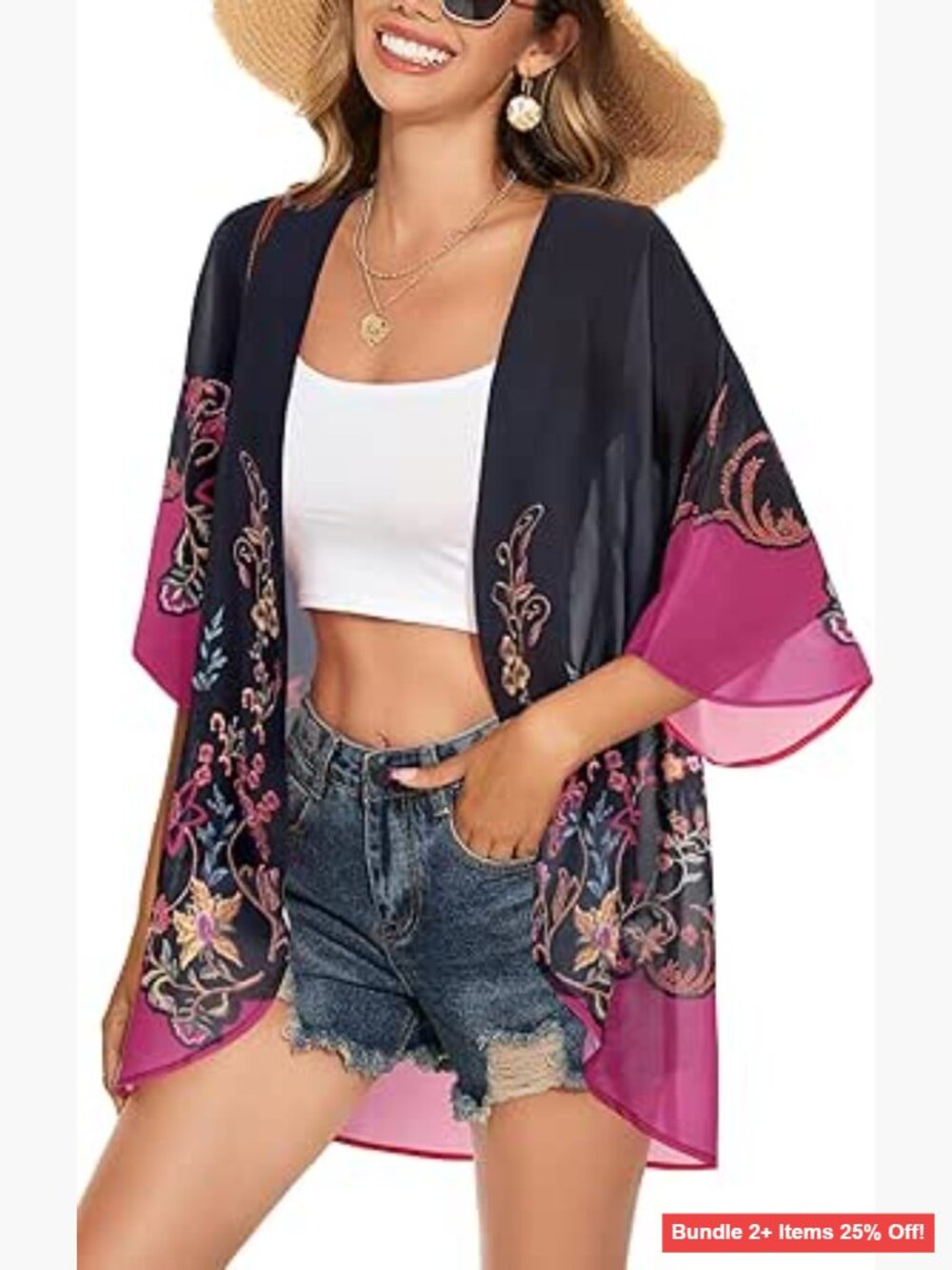 Floral Kimono Cardigan Puff Sleeve Loose Fit Blouse Swimsuit Cover Up